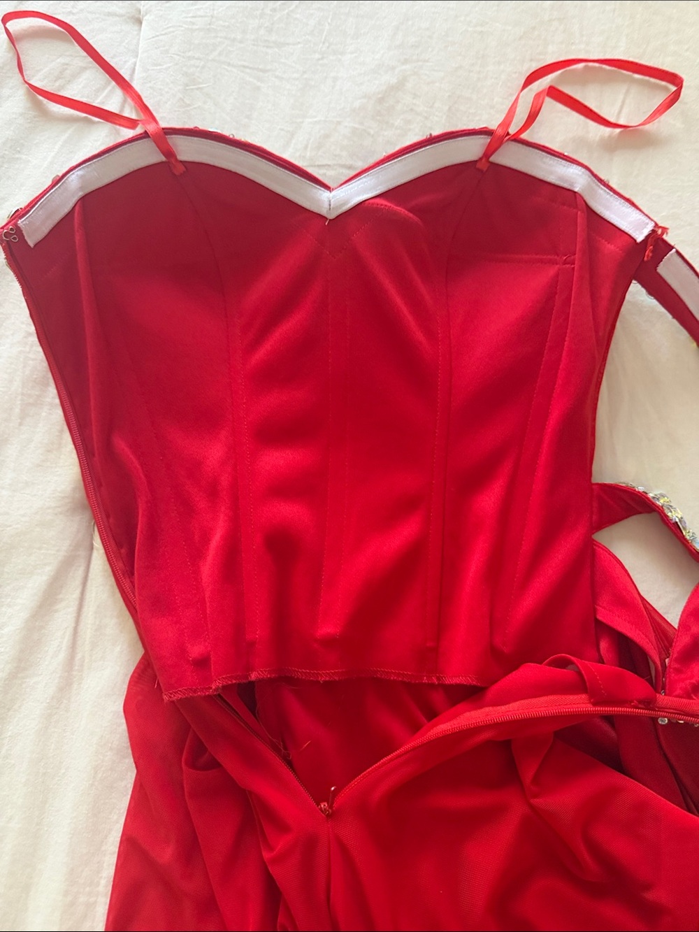Authentic La Femme Red Strapless Gown with Sweatheart Neckline and Crossed Back - Picture 9 of 13